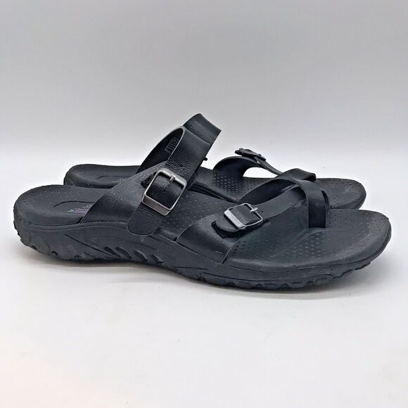 Skechers Outdoor Lifestyle 41007 Sandals Women 8 Black Leather Dbl. Buckle Slide - Picture 3 of 11